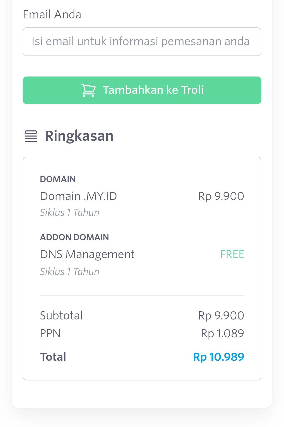 Total harga domain .MY.ID di DomaiNesia hanya Rp 10.989 nett